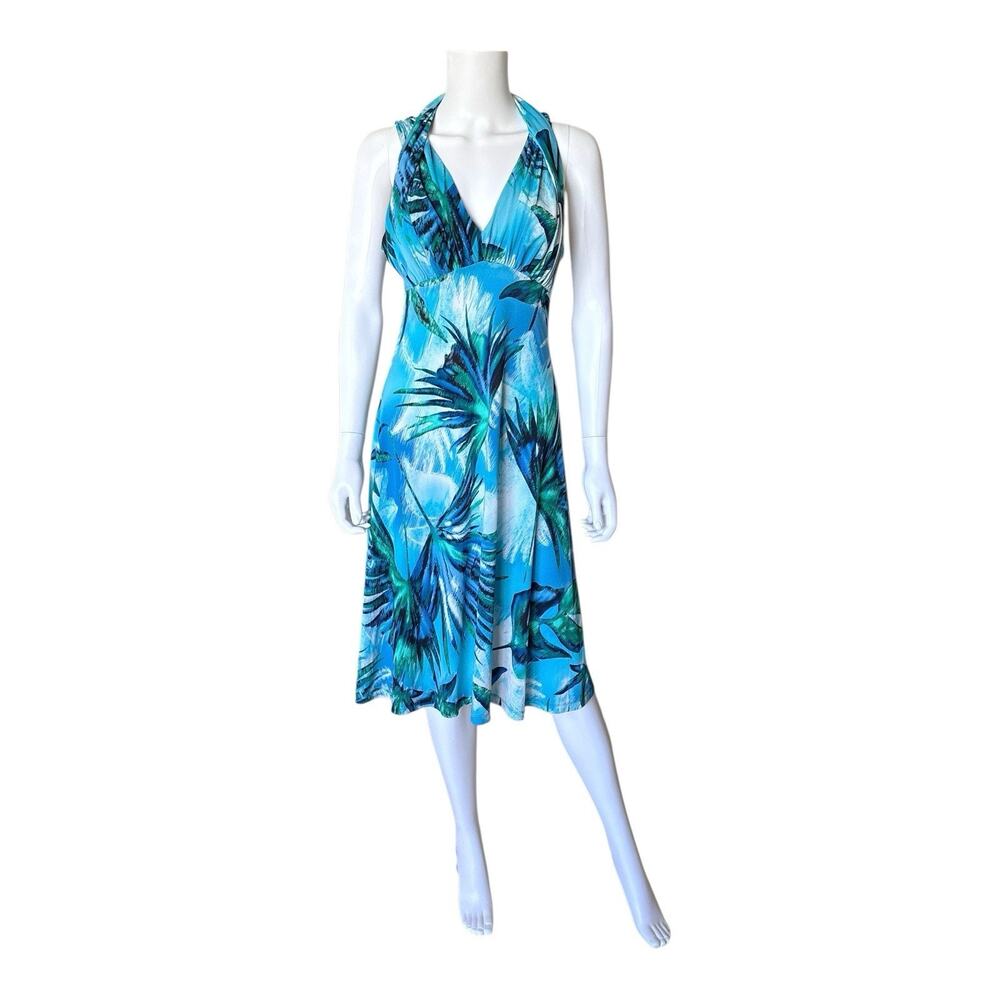 Connected Apparel Dress Womens 10 Blue Green Tropical Floral Halter Midi Stretch